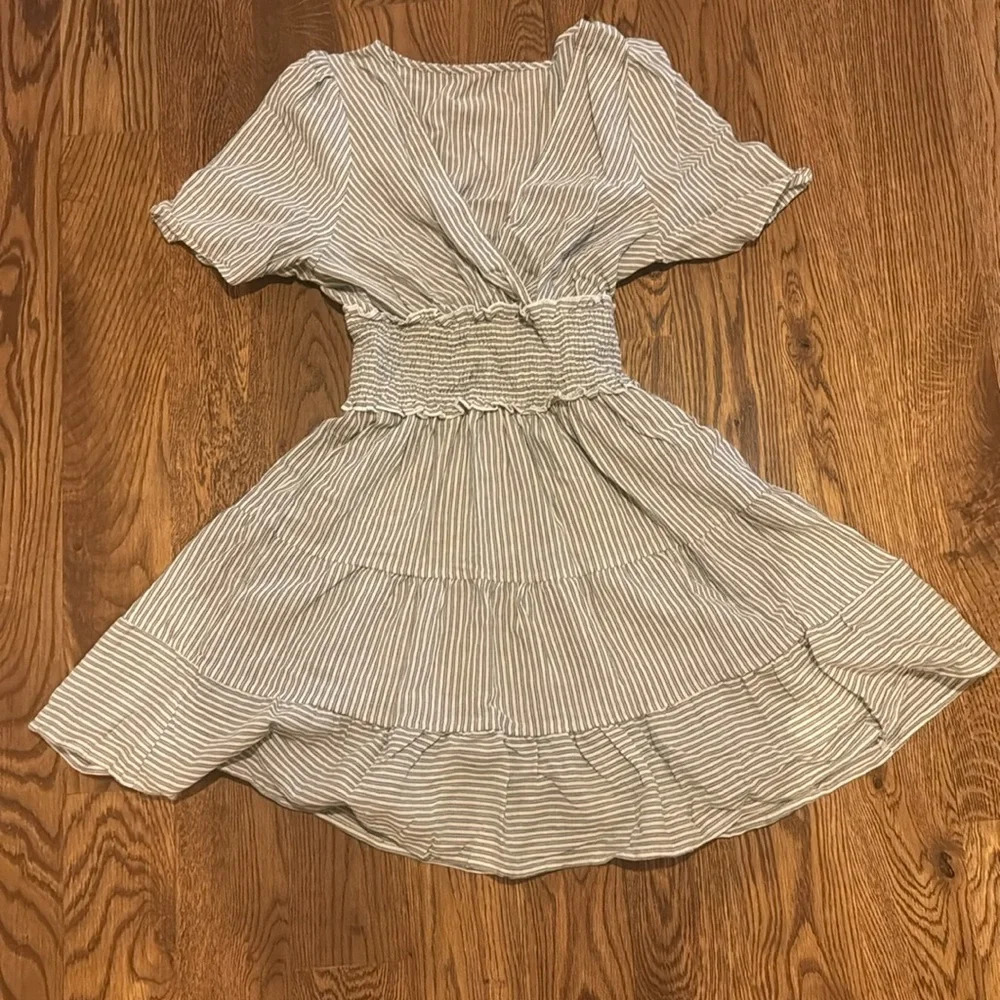 Black & White Pinstripe Smocked Waist Mini Dress - Picture 2 of 4